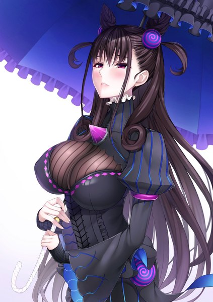 Anime picture 1399x1984 with fate (series) fate/grand order murasaki shikibu (fate) takocha single tall image looking at viewer blush fringe breasts light erotic black hair simple background hair between eyes large breasts standing purple eyes holding payot very long hair