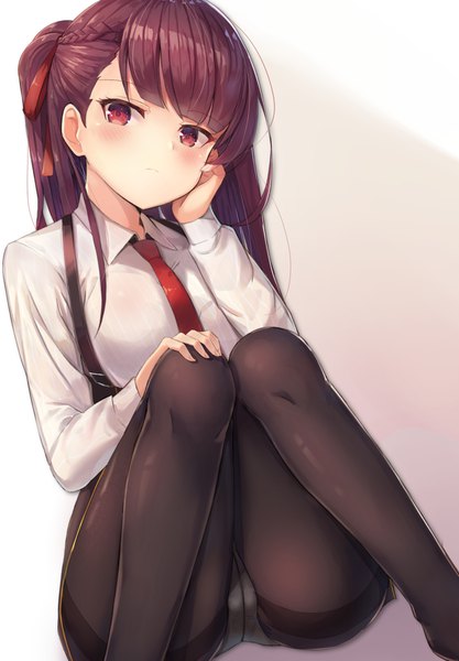 Anime-Bild 1200x1725 mit girls frontline wa2000 (girls frontline) motokonut single long hair tall image looking at viewer blush fringe light erotic simple background red eyes purple hair long sleeves one side up hand on face hand on knee girl ribbon (ribbons) hair ribbon