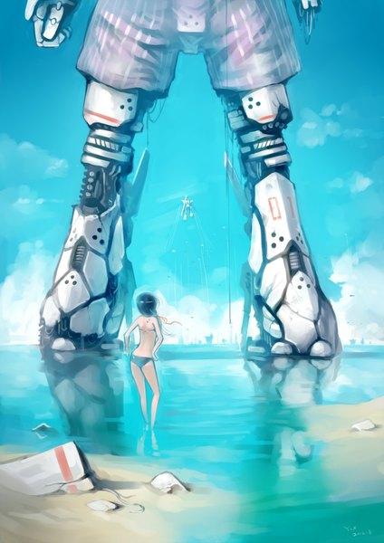Anime picture 1414x2000 with original yuushoku long hair tall image black hair sky cloud (clouds) from behind landscape scenic giant girl swimsuit bikini water sea mecha