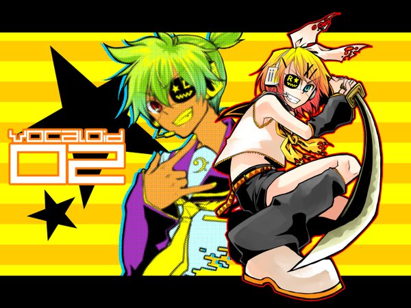 Anime picture 1440x1080 with vocaloid kagamine rin kagamine len tadano kagekichi grin fighting stance sailor collar girl sword katana eyepatch