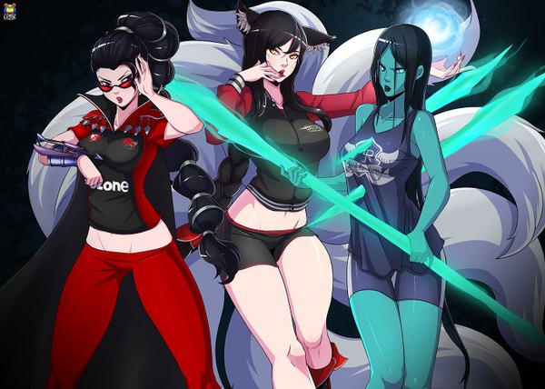Anime picture 1400x1000 with league of legends ahri (league of legends) vayne (league of legends) kalista (league of legends) kyoffie12 looking at viewer breasts blue eyes light erotic black hair simple background large breasts multiple girls animal ears yellow eyes tail very long hair fingernails lips fox ears