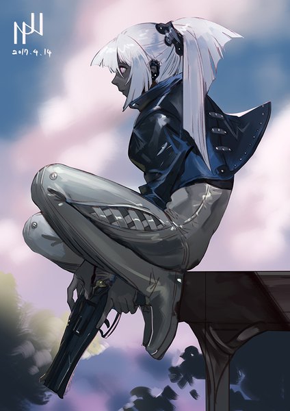 Anime picture 707x1000 with original hako (mypixid) single long hair tall image fringe sitting signed payot looking away full body white hair ponytail profile pink eyes piercing dark skin dated ear piercing girl