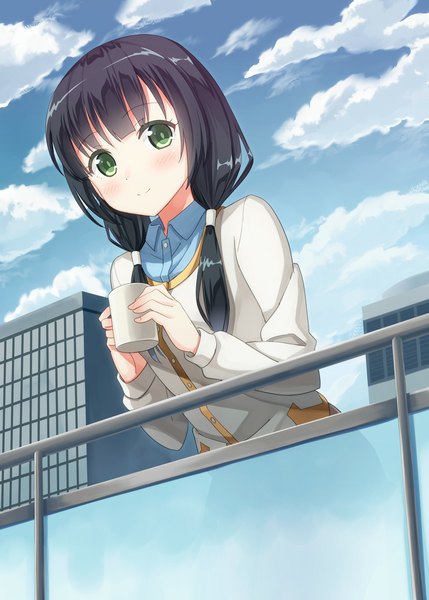 Anime picture 800x1119 with shirobako p.a. works yasuhara ema hyuuga azuri single long hair tall image looking at viewer blush blue eyes black hair sky cloud (clouds) girl