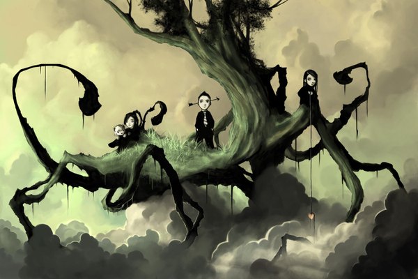 Anime picture 1500x1000 with aquasixio (artist) cloud (clouds) monochrome group plant (plants) tree (trees) arrow (arrows) sixio