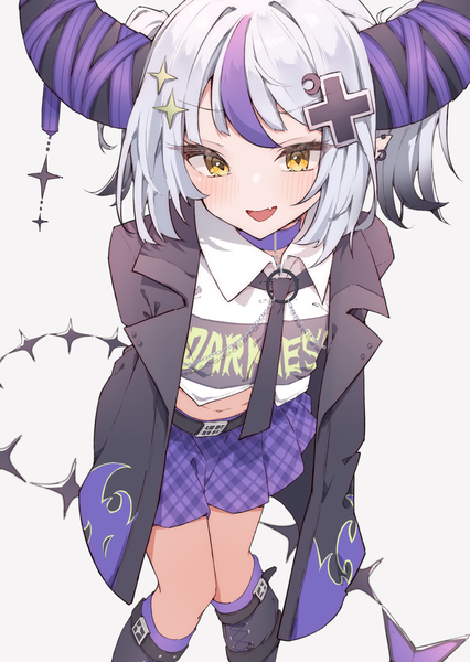 Anime picture 2490x3510 with virtual youtuber hololive la+ darknesss la+ darknesss (3rd costume) airenif single tall image highres short hair open mouth simple background white background twintails yellow eyes silver hair tail :d multicolored hair horn (horns) streaked hair