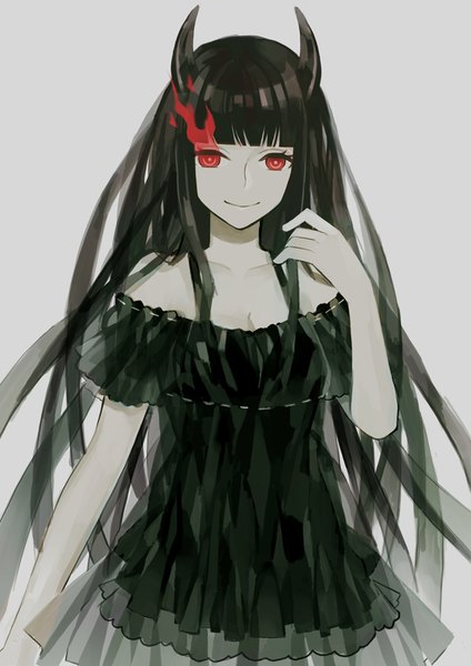 Anime picture 700x990 with black rock shooter black gold saw rukun00 single tall image looking at viewer fringe breasts black hair simple background red eyes cleavage blunt bangs very long hair horn (horns) light smile grey background glowing glowing eye (eyes) girl