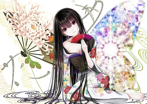 Anime picture 1000x708 with original kentaurosu single looking at viewer black hair brown eyes very long hair japanese clothes insect wings butterfly wings girl flower (flowers) kimono leaf (leaves) obi fan
