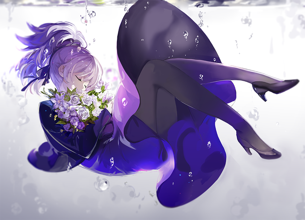 Anime picture 1000x723 with darker than black studio bones yin (darker than black) saberiii single long hair eyes closed grey hair legs partially submerged girl dress flower (flowers) ribbon (ribbons) hair ribbon pantyhose water black pantyhose bubble (bubbles) bouquet