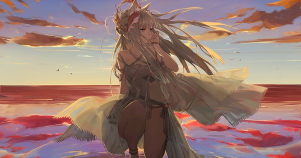 Anime picture 1314x691 with arknights platinum (arknights) platinum (shimmering dew) (arknights) koio single long hair fringe wide image animal ears yellow eyes looking away sky silver hair cloud (clouds) blunt bangs wind official alternate costume evening reflection sunset