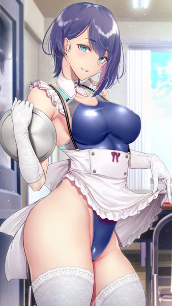 Anime picture 1410x2500 with original gentsuki single tall image looking at viewer blush fringe short hair breasts light erotic smile large breasts standing bare shoulders holding purple hair indoors parted lips head tilt blurry
