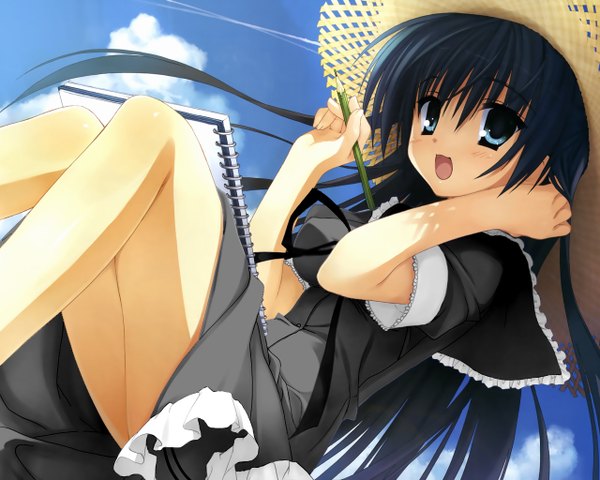 Anime picture 1280x1024 with natsuzora kanata kousaka chihaya kobuichi single long hair blush open mouth blue eyes black hair sitting looking away sky cloud (clouds) girl dress hat black dress straw hat pencil