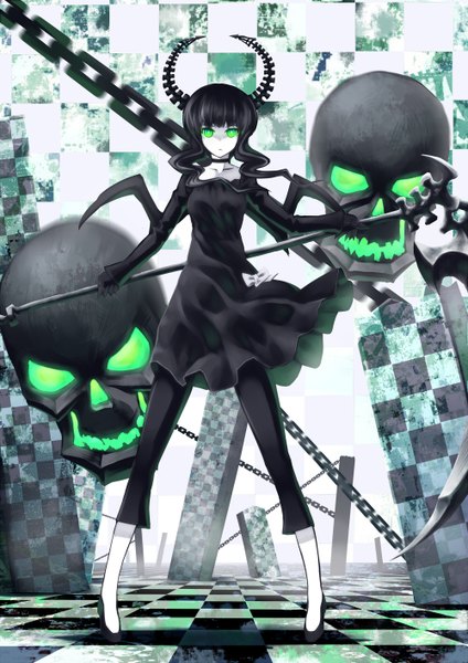 Anime picture 1000x1414 with black rock shooter dead master ac (eshi) single tall image black hair green eyes horn (horns) glowing glowing eye (eyes) girl dress gloves weapon wings choker black dress chain skull scythe