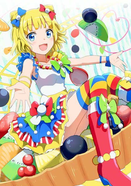Anime picture 752x1062 with puri para pretty (series) minami mirei gotyou single tall image blush fringe short hair open mouth blue eyes blonde hair sitting from below spread arms girl thighhighs bow hair bow food