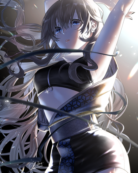 Anime picture 1920x2400 with original hutagi rouka single long hair tall image looking at viewer fringe highres blue eyes hair between eyes brown hair signed nail polish parted lips fingernails mole arms up sparkle armpit (armpits) mole under eye