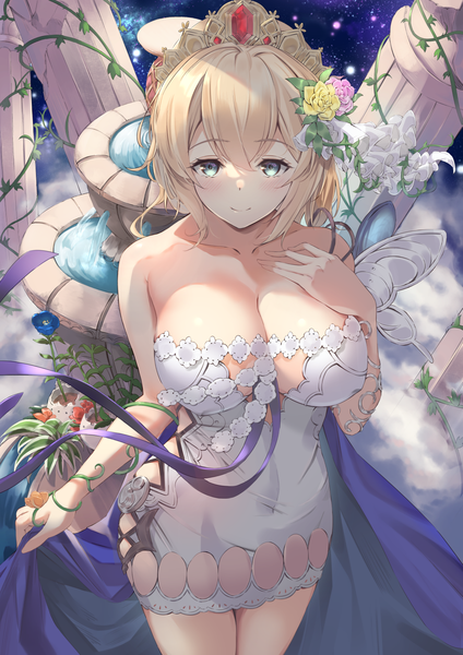 Anime picture 1157x1637 with granblue fantasy europa (granblue fantasy) sg (satoumogumogu) single tall image looking at viewer blush fringe short hair breasts blue eyes light erotic blonde hair smile hair between eyes large breasts standing bare shoulders cleavage cloud (clouds)