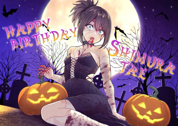 Anime picture 2048x1451 with gintama sunrise (studio) shimura tae (otae) kobaji single looking at viewer highres short hair breasts open mouth blue eyes black hair sitting night night sky character names wariza halloween half updo blood on face