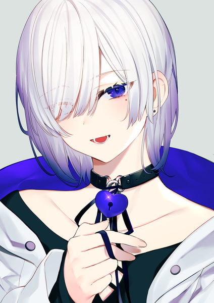 Anime picture 707x1000 with original achiki single tall image looking at viewer blush fringe short hair open mouth blue eyes simple background smile white hair head tilt :d hair over one eye mole mole under eye girl ribbon (ribbons)