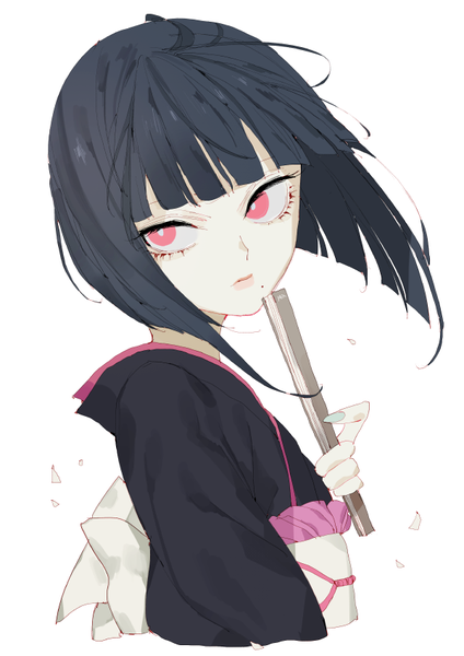 Anime picture 600x849 with hunter x hunter kalluto zoldyck soppaghetti single tall image fringe short hair black hair simple background red eyes white background holding looking away upper body blunt bangs nail polish traditional clothes japanese clothes fingernails mole