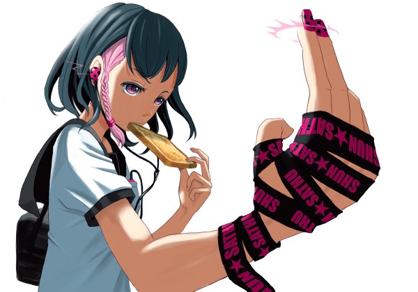 Anime picture 1200x841 with original k (katokenrock) single short hair simple background white background blue hair pink hair braid (braids) nail polish pink eyes multicolored hair streaked hair single braid side braid eating girl uniform ribbon (ribbons) school uniform