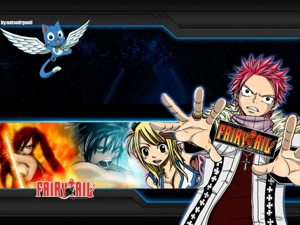 Anime picture 1024x768 with fairy tail lucy heartfilia erza scarlet natsu dragneel gray fullbuster happy (fairy tail) natsudrgonil open mouth black hair blonde hair brown eyes pink hair red hair black eyes inscription coloring magic girl boy sword