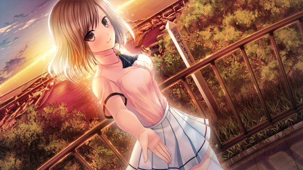 Anime picture 1280x720 with himawari to koi no kioku oginohama akane minamihama yoriko single looking at viewer fringe short hair breasts blonde hair smile wide image brown eyes game cg pleated skirt short sleeves zettai ryouiki outstretched arm evening sunset horizon