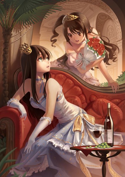 Anime picture 1414x2000 with idolmaster idolmaster cinderella girls shibuya rin shimamura uzuki pinakes long hair tall image fringe open mouth blue eyes brown hair standing sitting bare shoulders multiple girls holding brown eyes looking away indoors parted lips