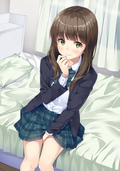 Anime picture 2893x4092 with original unasaka ryou single long hair tall image looking at viewer blush fringe highres brown hair sitting green eyes indoors blunt bangs long sleeves from above scan open clothes plaid skirt between legs