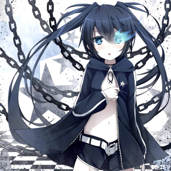 Anime picture 1000x1000 with black rock shooter black rock shooter (character) kaie single long hair looking at viewer blush blue eyes black hair twintails parted lips :o floating hair glowing glowing eye (eyes) checkered floor floor star print girl navel