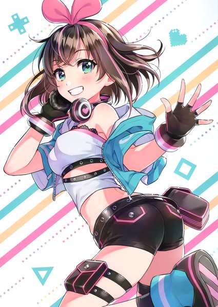 Anime picture 2425x3426 with virtual youtuber a.i. channel kizuna ai kizuna ai (a.i. games) morikura en single tall image looking at viewer blush fringe highres short hair breasts simple background smile brown hair standing white background payot ass