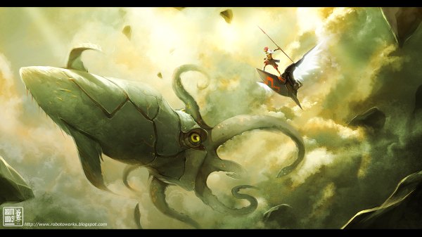 Anime picture 1200x674 with original robert kim wide image battle monster squid
