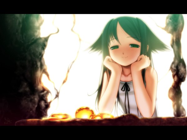 Anime picture 1600x1200 with saya no uta nitroplus single long hair looking at viewer blush green eyes green hair light smile sunlight girl