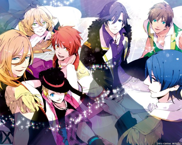 Anime picture 1280x1024 with uta no prince-sama a-1 pictures jinguji ren hijirikawa masato ichinose tokiya ittoki otoya kurusu shou shinomiya natsuki aijima cecil yukihiro utako long hair looking at viewer short hair blue eyes blonde hair brown hair standing sitting purple eyes green eyes