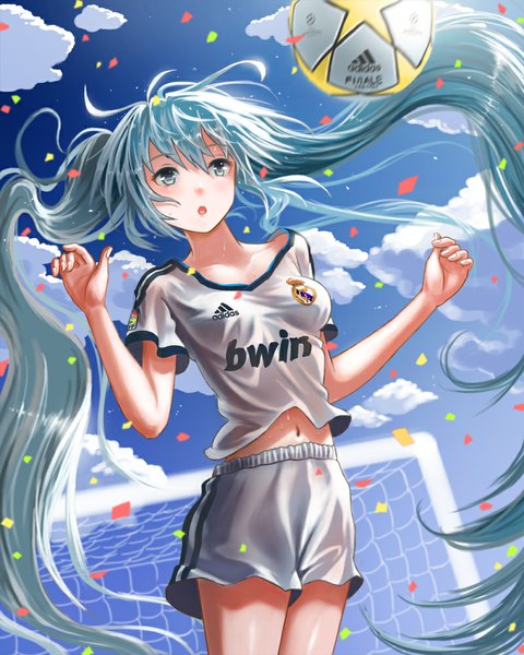 Anime picture 800x1000 with vocaloid adidas hatsune miku doora (dora0913) single tall image twintails sky cloud (clouds) very long hair aqua eyes aqua hair midriff jumping clothes writing playing sports football girl navel shorts