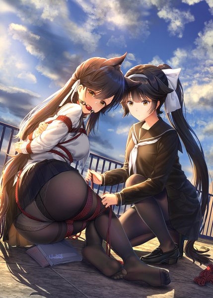 Anime picture 1296x1812 with azur lane atago (azur lane) takao (azur lane) atago (school daydream) (azur lane) takao (academy romantica) (azur lane) haneru long hair tall image blush fringe breasts light erotic black hair hair between eyes sitting multiple girls signed animal ears yellow eyes payot