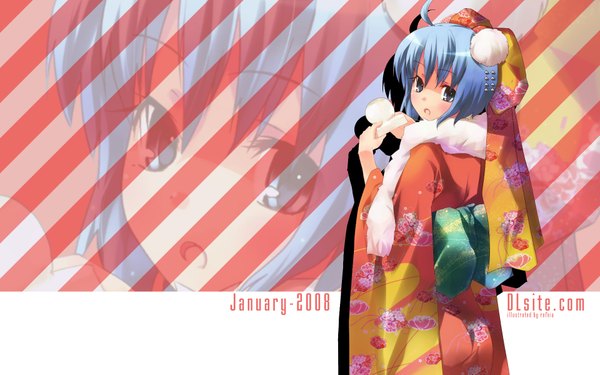 Anime picture 1920x1200 with dlsite.com elle sweet refeia single fringe highres short hair blue eyes hair between eyes wide image blue hair ahoge traditional clothes japanese clothes looking back zoom layer 2008 girl food sweets
