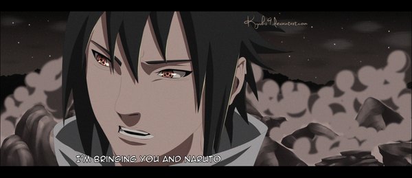 Anime picture 1280x553 with naruto studio pierrot naruto (series) uchiha sasuke kyuubii9 single short hair open mouth black hair red eyes wide image inscription night night sky coloring letterboxed close-up smoke mountain face