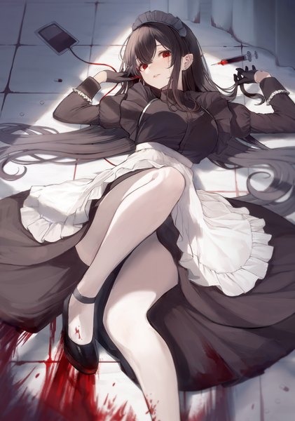 Anime picture 4500x6406 with original yuna (deadawon) single long hair tall image looking at viewer fringe highres black hair hair between eyes red eyes absurdres bent knee (knees) lying long sleeves parted lips from above arms up maid on back