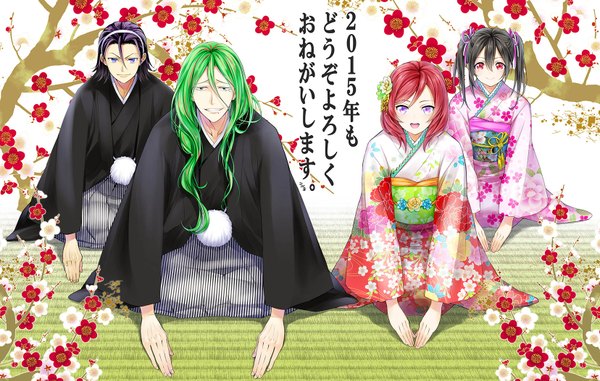 Anime picture 1656x1053 with love live! school idol project yowamushi pedal sunrise (studio) love live! nishikino maki yazawa nico toudou jinpachi makishima yuusuke kisaragi mizu long hair looking at viewer fringe short hair open mouth black hair smile hair between eyes red eyes purple eyes twintails