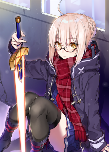 Anime picture 800x1111 with fate (series) fate/grand order artoria pendragon (all) mysterious heroine x (alter) (fate) mysterious heroine x alter (first ascension) (fate) shirako miso single tall image looking at viewer blush fringe short hair blonde hair hair between eyes holding yellow eyes payot ahoge bent knee (knees) braid (braids)