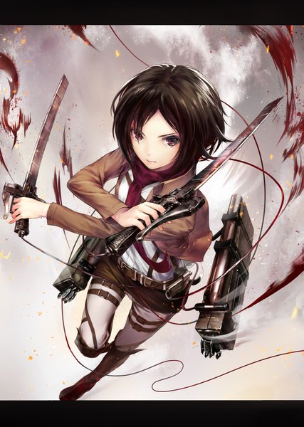 Anime picture 1423x2000 with shingeki no kyojin production i.g mikasa ackerman shouin single tall image looking at viewer short hair black hair holding black eyes dual wielding girl weapon sword jacket boots belt scarf thigh strap