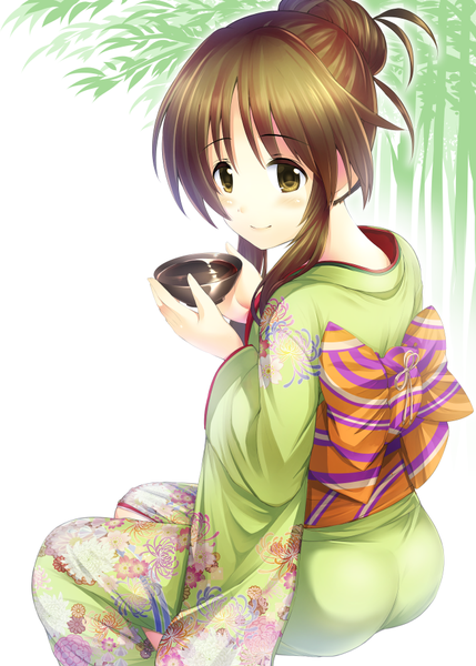 Anime picture 666x932 with idolmaster idolmaster cinderella girls takamori aiko ment single long hair tall image looking at viewer brown hair brown eyes traditional clothes japanese clothes light smile girl kimono obi alcohol sake choko (cup)