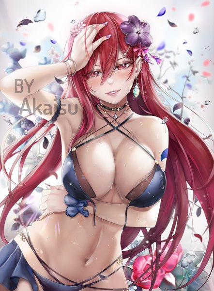 Anime picture 2090x2836 with fairy tail erza scarlet akaisu single long hair tall image looking at viewer blush fringe highres breasts light erotic smile red eyes large breasts standing signed cleavage red hair nail polish