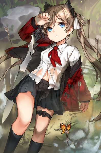 Anime picture 1000x1512 with original sankyaku tako single long hair tall image looking at viewer blue eyes blonde hair twintails animal ears lying from above cat ears hand on head girl navel weapon sword socks insect