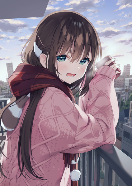 Anime picture 984x1392 with original muninshiki single long hair tall image looking at viewer blush fringe open mouth hair between eyes brown hair holding payot sky cloud (clouds) upper body outdoors long sleeves :d aqua eyes