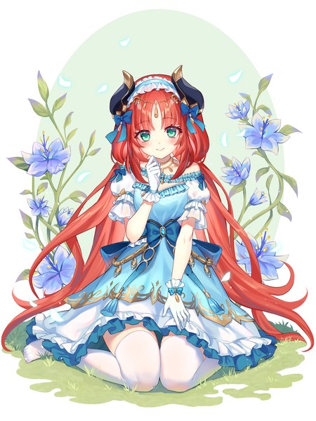 Anime picture 2543x3391 with genshin impact nilou (genshin impact) nilou (gigo) (genshin impact) lalazyt single long hair tall image looking at viewer blush highres smile sitting twintails full body red hair horn (horns) aqua eyes no shoes low twintails official alternate costume