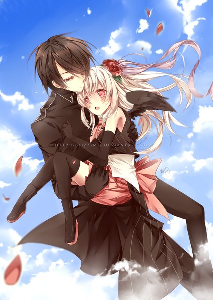 Anime picture 1280x1808 with original blizz long hair tall image blush fringe short hair open mouth black hair blonde hair red eyes holding sky cloud (clouds) ponytail hair flower black eyes hair over one eye girl thighhighs