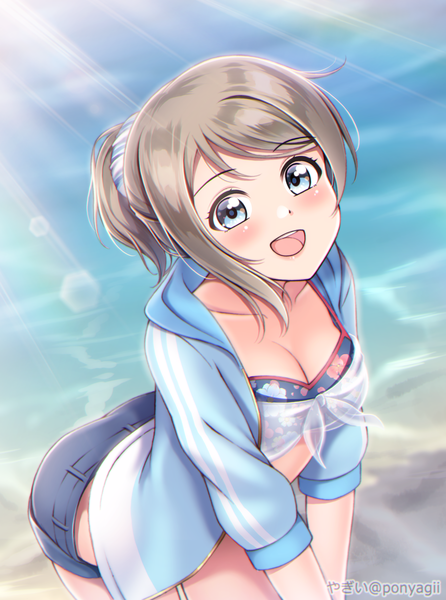 Anime picture 2598x3498 with love live! sunshine!! sunrise (studio) love live! watanabe you ponyagii single tall image looking at viewer blush fringe highres short hair breasts open mouth blue eyes light erotic smile large breasts standing signed