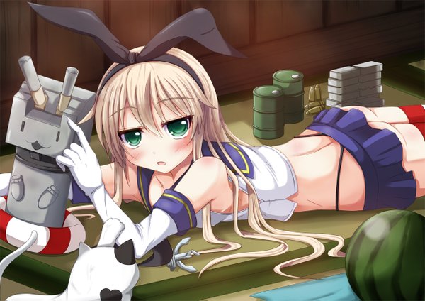 Anime picture 1264x895 with kantai collection shimakaze destroyer rensouhou-chan batsubyou single long hair looking at viewer blush open mouth light erotic blonde hair green eyes girl gloves bow weapon hair bow miniskirt animal elbow gloves