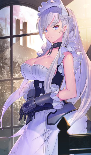 Anime picture 1000x1700 with azur lane belfast (azur lane) takamine nadare single long hair tall image looking at viewer blush breasts blue eyes light erotic smile large breasts signed cleavage silver hair indoors braid (braids) sunlight tsurime