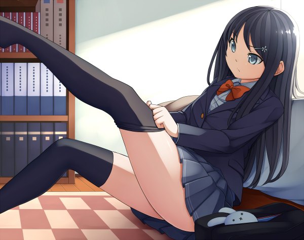 Anime picture 1200x948 with original pinkwaters single long hair fringe blue eyes black hair sitting holding indoors hair flower sunlight no shoes checkered floor dressing girl thighhighs skirt uniform hair ornament